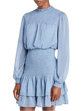 AQUA Bloomingdale’s - Light Blue Smocked Tiered Long-Sleeve Dress - Size XL